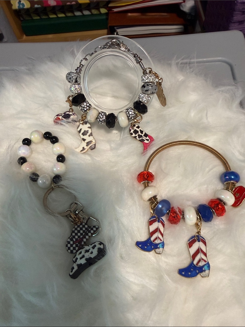 Cowgirl Boot Charm Bracelets with Beads - Black White & Red Blue
